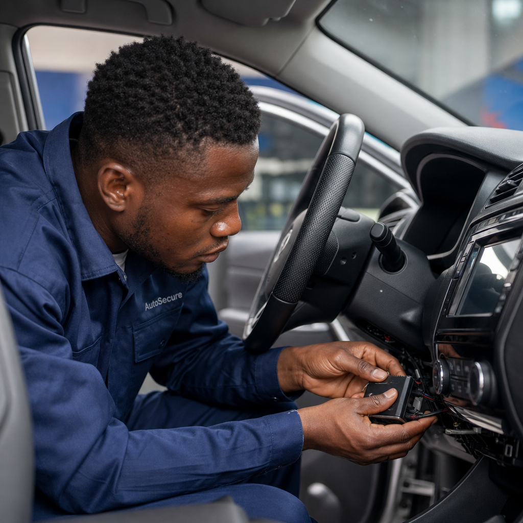 Black AutoSecure technician installing GPS tracker inside a car dashboard