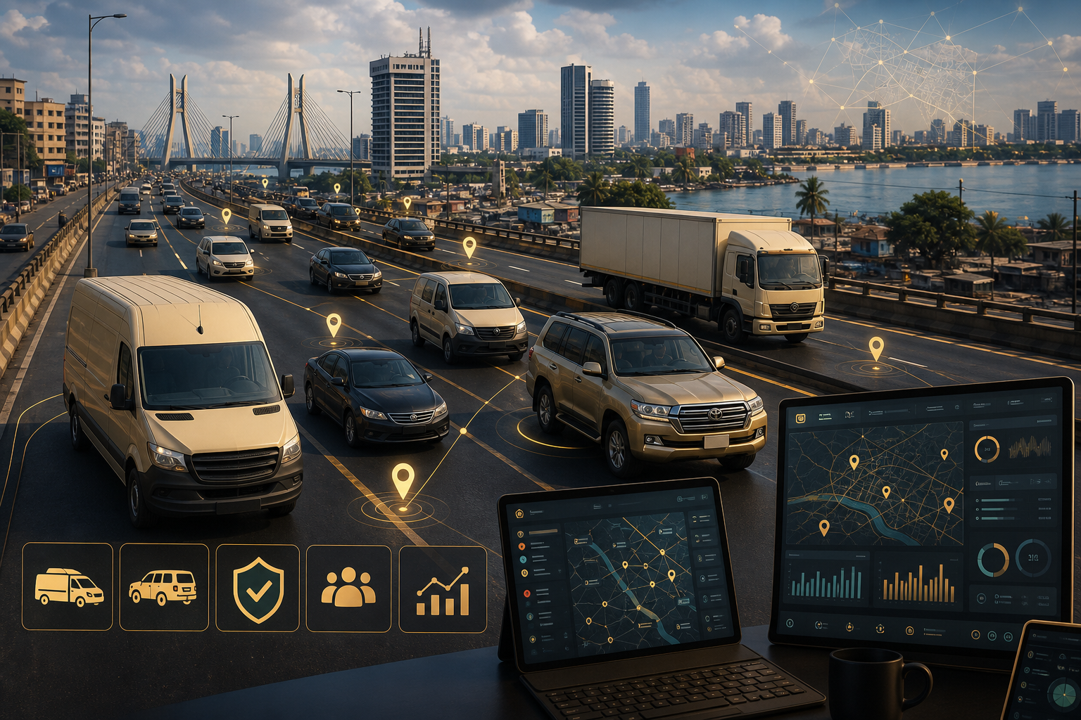 Lagos business fleet traffic scene with tracking overlays for AutoSecure article
