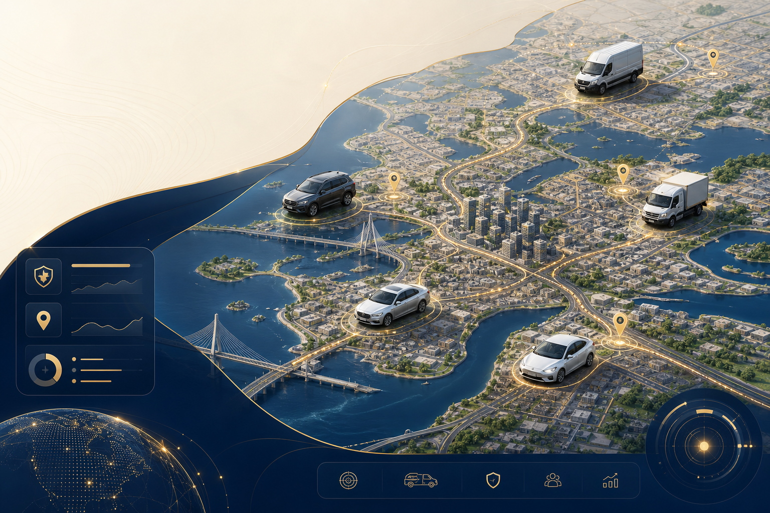 Illustrated Lagos fleet map with different vehicles positioned across the city and route tracking cues